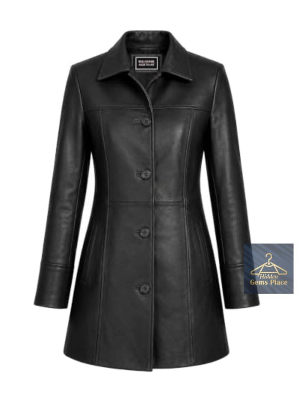 Genuine Leather Car Coat Women 3/4 Length Overcoat Button Front